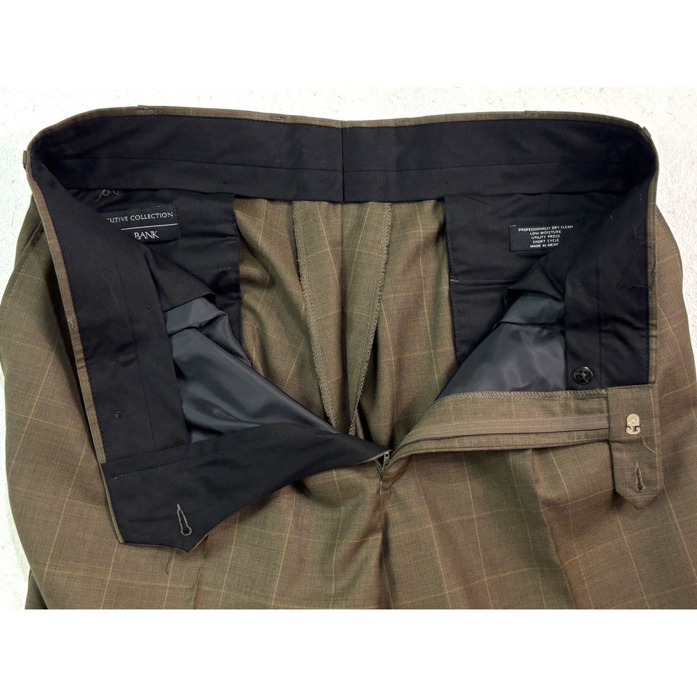 Jos A Bank 38x29 Brown Windowpane Suit Pants 100% Wool Pleated Trousers Cuffed - Picture 7 of 9